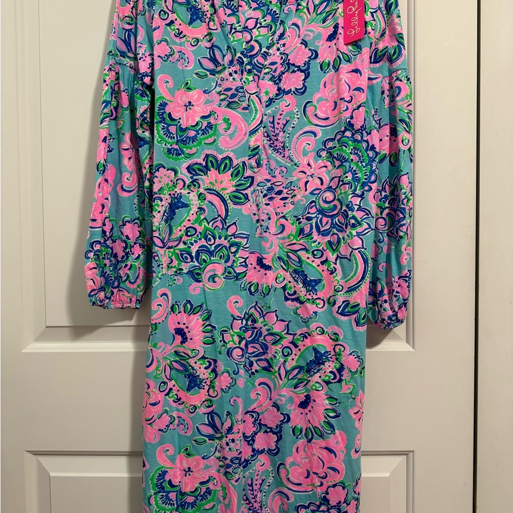 NWT Lilly Pulitzer XL Kierna knee length dress in Blue Horizon Jungle Sunrise